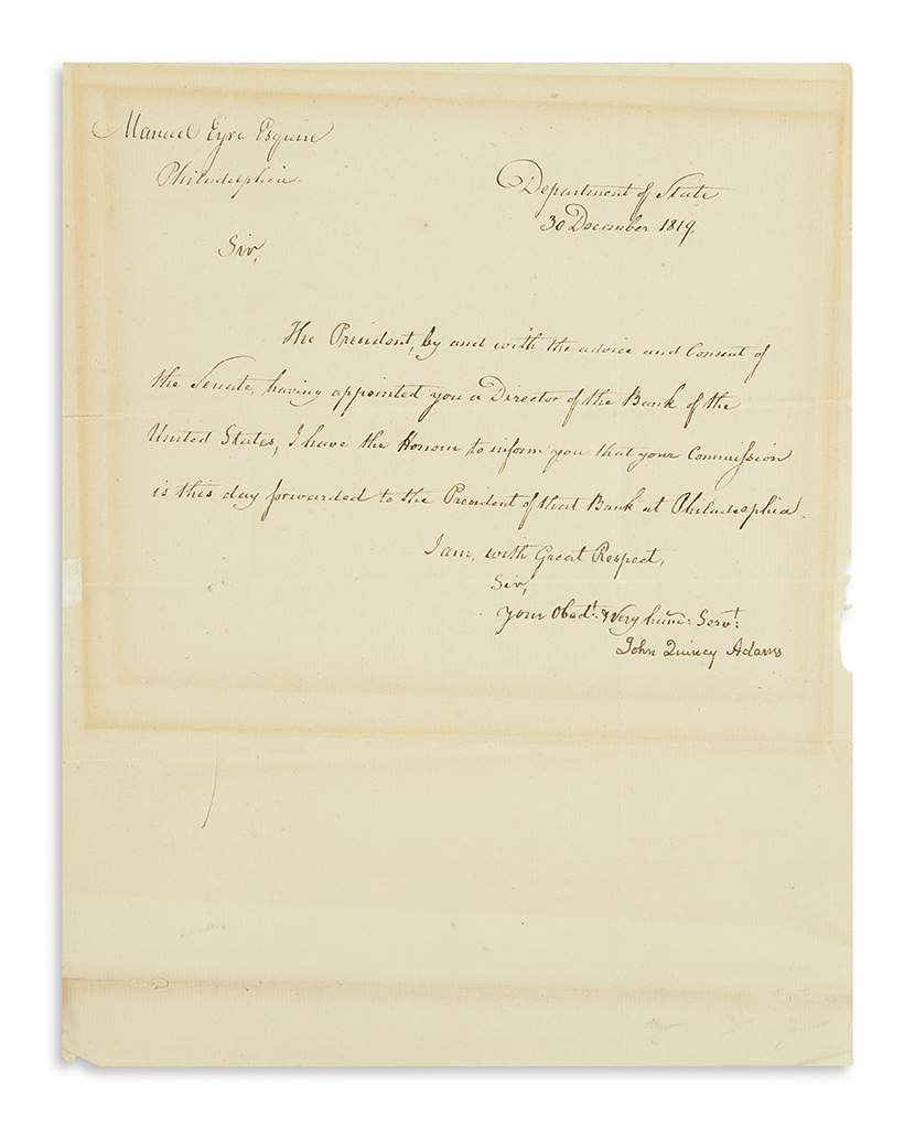 ADAMS, JOHN QUINCY. Letter Signed, as Secretary of State, to Manuel Eyre, Jr.,
